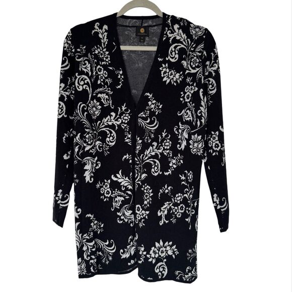 JM Collection Petite Printed Open Front Cardigan Medium Deep Black Combo Classic - Picture 1 of 5